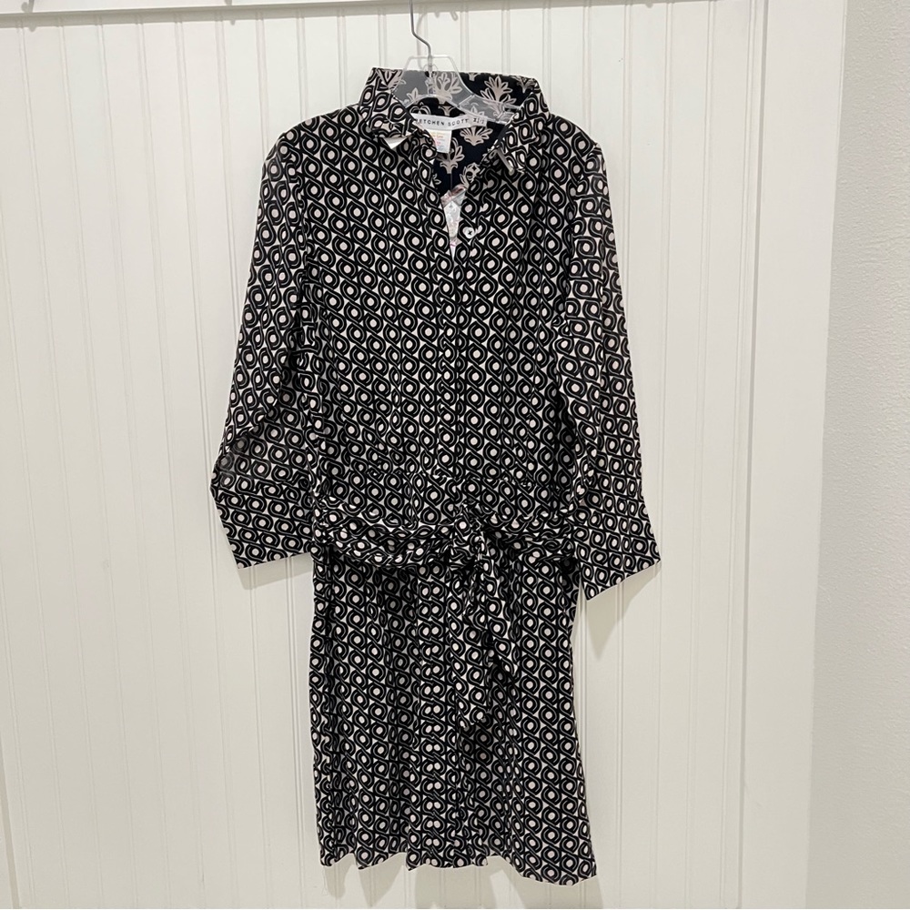 Gretchen Scott Blouson Dress M Twizzler Print. Black Champagne NWT